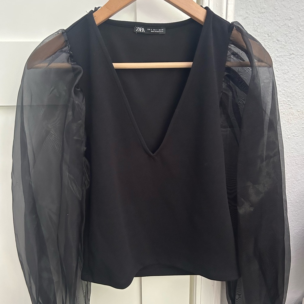 Zara Elegant Black Blouse with Sheer Sleeves
